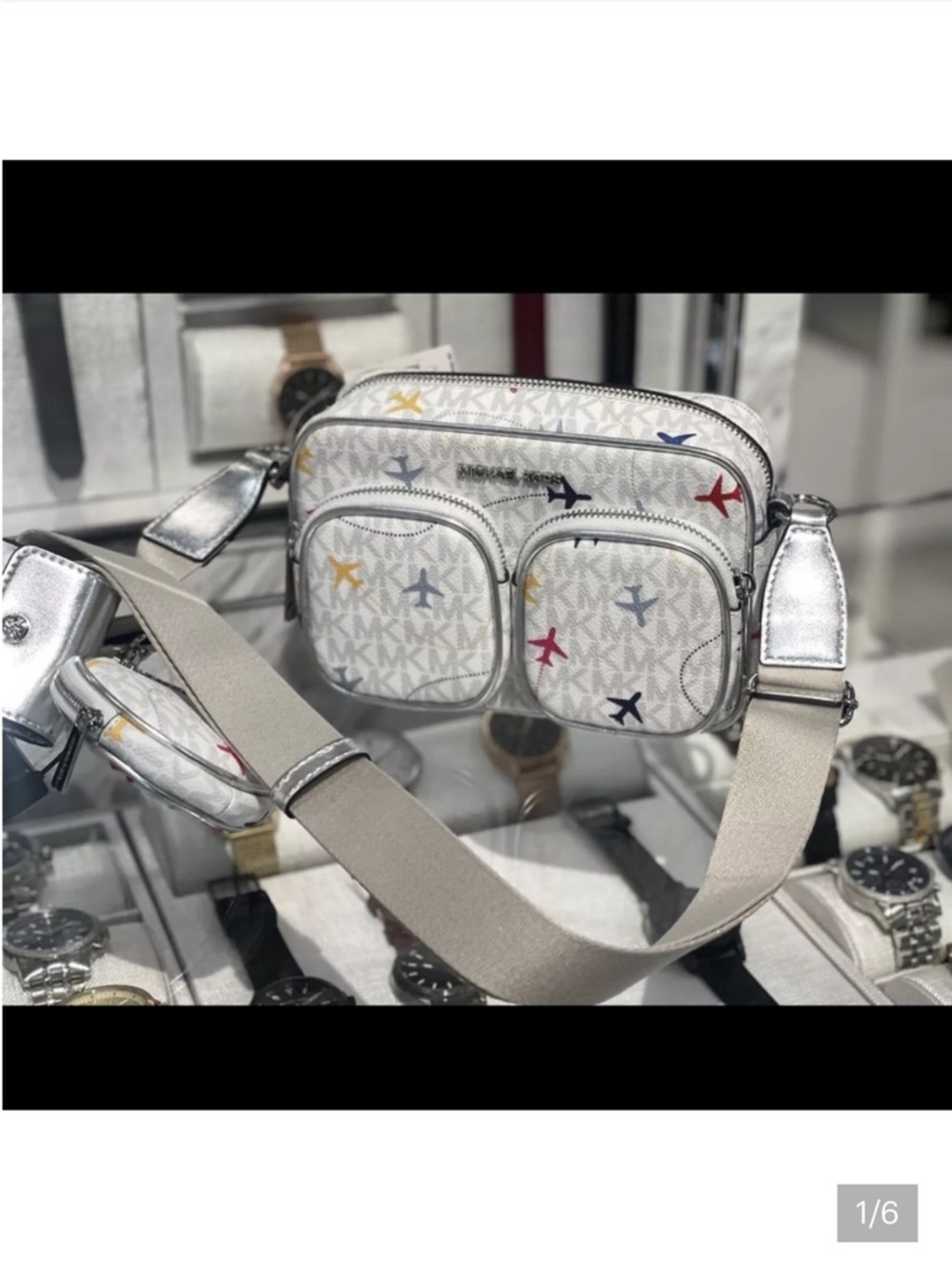 NEW  MICHAEL KOR  White Logo Crossbody with Colorful Airplane Motif
